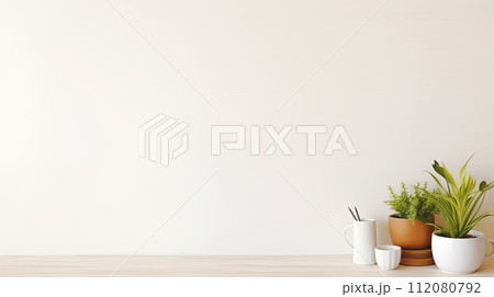 Three Potted Plants on Table With White Wall Background 112080792