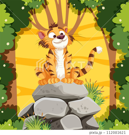 Cheerful Tiger in Sunny Forest Clearing 112081621