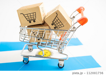 Box with shopping online cart logo and Argentina flag, Import Export commerce finance delivery trade. 112081736