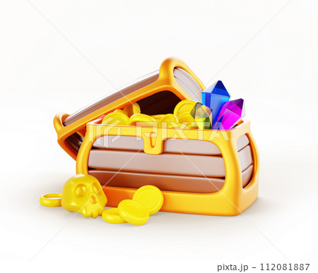 Treasure chest with gold coin, gem stones and skull 3d render game icon. Wooden open trunk box with golden money and crystals. Pirate loot or bonus reward, cartoon fantasy ui asset. 3D illustration 112081887