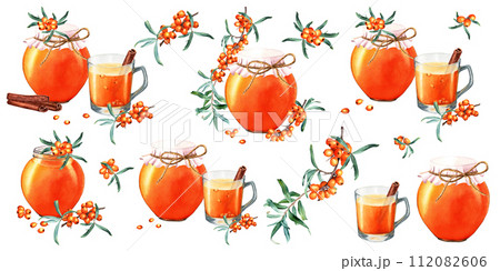 Set of sea buckthorn, rolled strips of cinnamon, cup of drink and glass jar with fabric cover filled jam. Hand drawn watercolor food illustration isolated on white. For clip art menu label package Set of sea buckthorn, rolled strips of cinnamon, cup of drink and glass jar with fabric cover filled jam. Hand drawn watercolor food illustration isolated on white. For clip art menu label package 112082606
