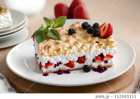 cooked cottage cheese casserole with berry filling in a plate 112083111