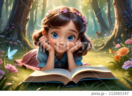 Ultra realistic portrait of a little girl reading a book, big round eyes. 112083147
