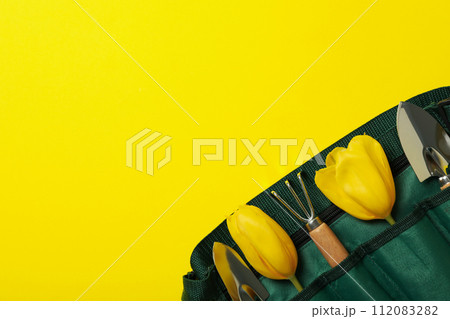 Garden tools and tulips in case on yellow background, space for text Garden tools and tulips in case on yellow background, space for text 112083282