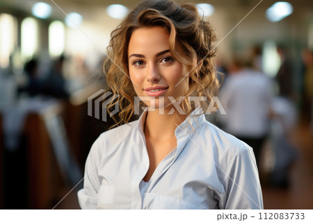 Young European woman doctor in a white medical gown smiles 112083733