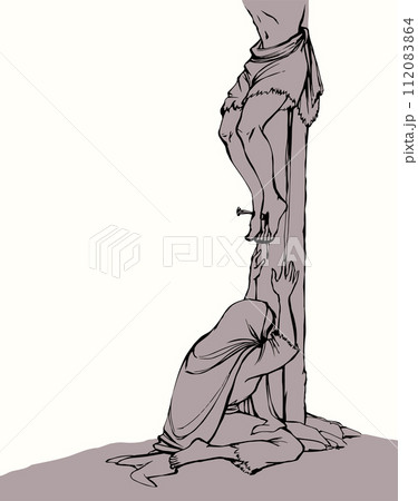 Vector drawing. Woman crying at the foot of the cross 112083864