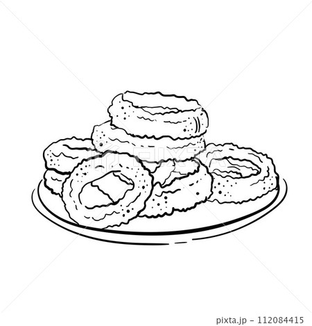 Onion rings, hand drawn fast food vector illustration. Snack for design pub in vintage engraved style. Doodle sketch. Great for menu, poster or label, restaurant or cafe Onion rings, hand drawn fast food vector illustration. Snack for design pub in vintage engraved style. Doodle sketch. Great for menu, poster or label, restaurant or cafe 112084415