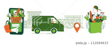 Mobile app to order grocery. Courier delivering. Background city landscape 112084615