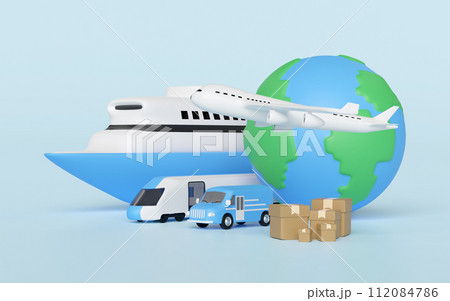 Worldwide shipping concept with globe, airplane, van, boat, goods box isolated on blue background. 3d render illustration Worldwide shipping concept with globe, airplane, van, boat, goods box isolated on blue background. 3d render illustration 112084786