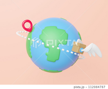 3d goods cardboard box with wing, globe, pin isolated on orange background. express delivery route, worldwide shipping concept, 3d illustration render 3d goods cardboard box with wing, globe, pin isolated on orange background. express delivery route, worldwide shipping concept, 3d illustration render 112084787