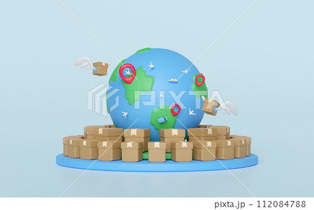 3d goods cardboard box with wing, globe on podium, pin isolated on blue background. express delivery route, worldwide shipping concept, 3d illustration render 112084788