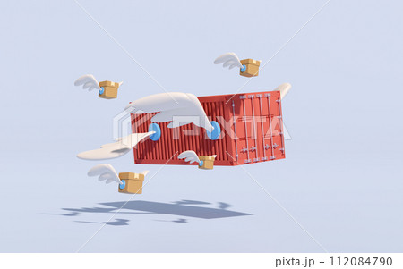 shipping container fly with goods cardboard box, wing isolated on blue background. express delivery route, worldwide shipping concept, 3d illustration render shipping container fly with goods cardboard box, wing isolated on blue background. express delivery route, worldwide shipping concept, 3d illustration render 112084790