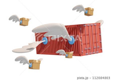 shipping container fly with goods cardboard box, wing isolated. express delivery route, worldwide shipping concept, 3d illustration render 112084803