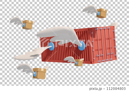 shipping container fly with goods cardboard box, wing isolated. express delivery route, worldwide shipping concept, 3d illustration render shipping container fly with goods cardboard box, wing isolated. express delivery route, worldwide shipping concept, 3d illustration render 112084803
