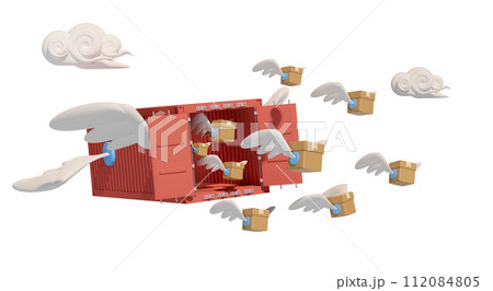 shipping container fly with goods cardboard box, wing isolated. express delivery route, worldwide shipping concept, 3d illustration render 112084805