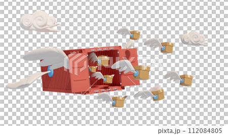 shipping container fly with goods cardboard box, wing isolated. express delivery route, worldwide shipping concept, 3d illustration render shipping container fly with goods cardboard box, wing isolated. express delivery route, worldwide shipping concept, 3d illustration render 112084805