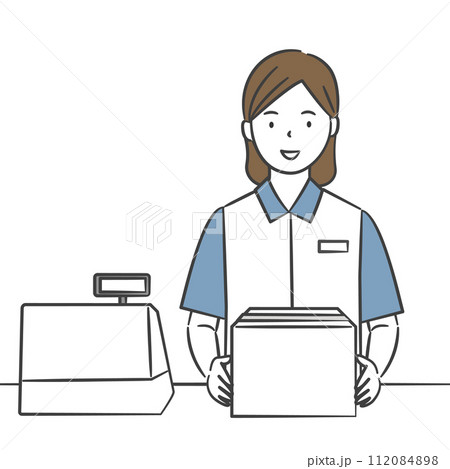 レジで荷物の受け渡しをするコンビニの女性店員 レジで荷物の受け渡しをするコンビニの女性店員 112084898