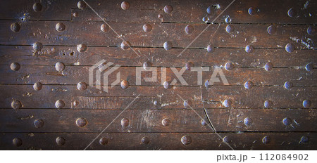 Old texture painted wooden boards. Selective focus 112084902