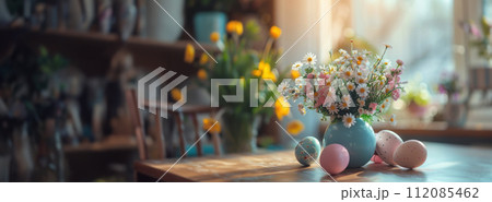 Wishing you a joyful Easter! Enjoy this celebratory Easter setting with colorful eggs and flowers Wishing you a joyful Easter! Enjoy this celebratory Easter setting with colorful eggs and flowers 112085462