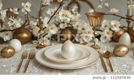 Festive Easter set table with white ceramic plates, ceramic golden eggs, golden forks and knives, flowers 112085636
