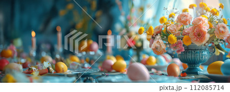 Wishing you a joyful Easter! Enjoy this celebratory Easter setting with colorful eggs and flowers Wishing you a joyful Easter! Enjoy this celebratory Easter setting with colorful eggs and flowers 112085714