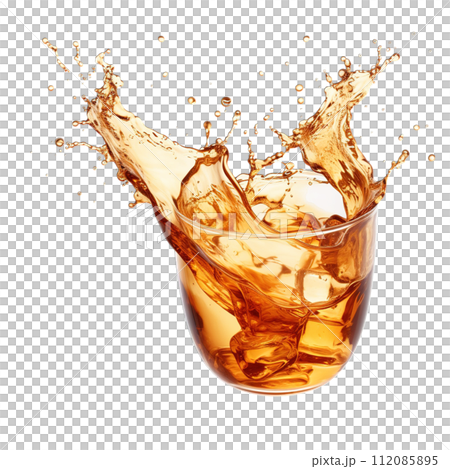 Refreshing Iced Tea Splashes Isolated on Transparent Background, Capturing the Essence of Summer with Lemon and Ice Cubes in Dynamic Liquid Motion. Refreshing Iced Tea Splashes Isolated on Transparent Background, Capturing the Essence of Summer with Lemon and Ice Cubes in Dynamic Liquid Motion. 112085895