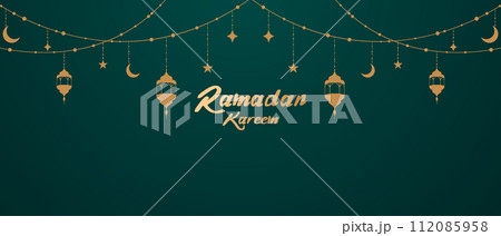 Ramadan Kareem Islamic festival greeting with beautiful lanterns decorated design vector illustration 112085958