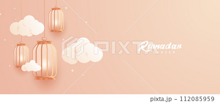 Ramadan Kareem Islamic festival greeting with beautiful lanterns decorated design vector illustration 112085959