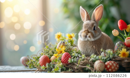 Easter Bunny with Festive Eggs and Flowers 112086226