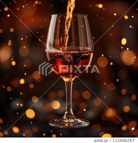 wine pours into a glass dark background 112086267