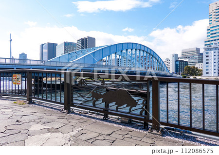 隅田川に架かる名橋 永代橋(東京都江東区) 112086575