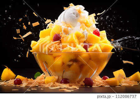 Fresh Mango Bingsu ice cream korean shaved ice dessert with raspberry and berries on black background 112086737