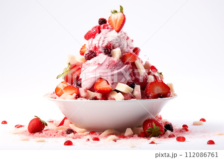 Fresh strawberry Bingsu ice cream with sweet toppings whipped cream korean shaved ice dessert white background for advertisement 112086761