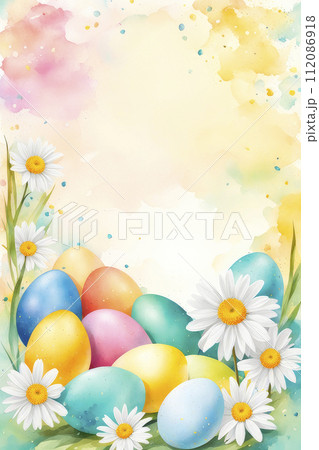 Celebrating Easter, holiday greeting card watercolor mockup with chamomiles and colored eggs. 112086918