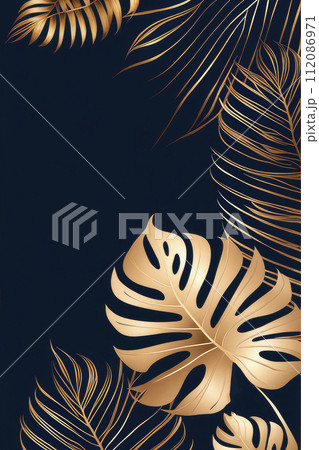 Watercolor dark blue tropical design with golden monstera leaves. Watercolor dark blue tropical design with golden monstera leaves. 112086971