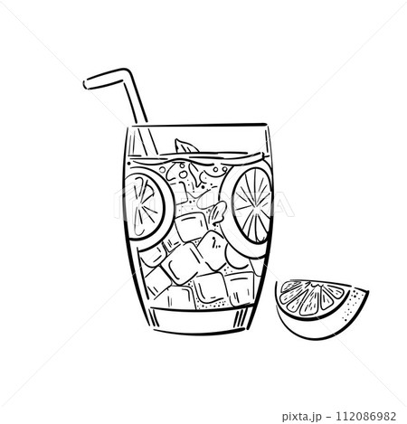 Hand drawn lemon, lemon slice, straw with place for your text, glass jar with lemonade, a sketch of homemade lemonade, summer vector illustration, template Hand drawn lemon, lemon slice, straw with place for your text, glass jar with lemonade, a sketch of homemade lemonade, summer vector illustration, template 112086982