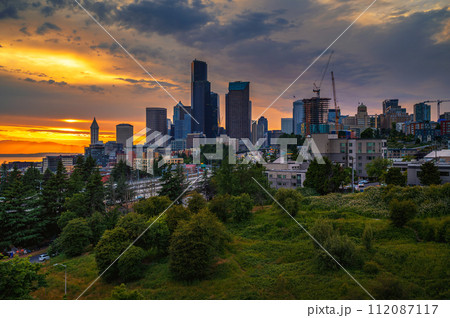 Dramatic sunset over Seattle skyline with visible greenery in the foreground Dramatic sunset over Seattle skyline with visible greenery in the foreground 112087117