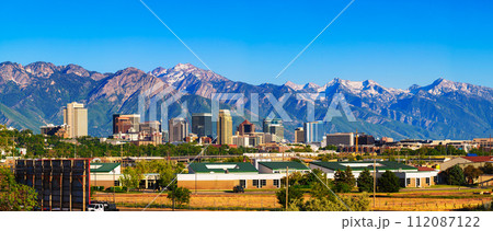Skyline of Salt Lake City downtown in Utah with Wasatch Range Mountains 112087122