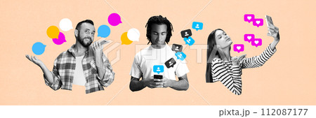 People using gadgets for online communication, growing social media popularity. Contemporary art collage. 112087177