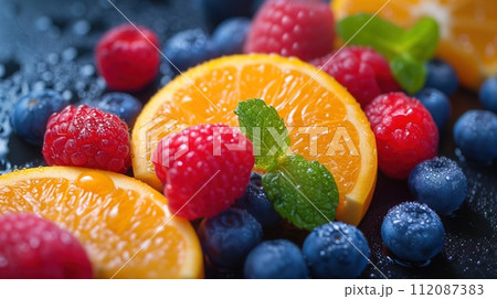 food background assorted fruits and berries 112087383