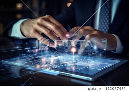 Hands of business people working with network connection on virtual screen. By generative Ai 112087483