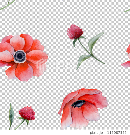 Spring floral watercolor seamless pattern with red poppies and clover on white background. Bright field flowers and wildflowers background for fabric, textile and stationery 112087533