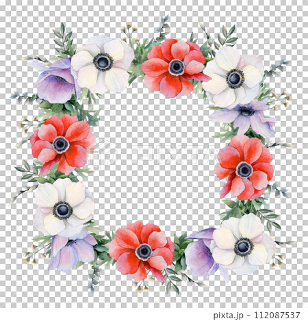 White, red and purple spring field flowers and eucalyptus square frame watercolor isolated illustration. Anemones poppies with wild herbs template for greeting cards, invitations and labels 112087537