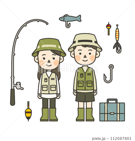 Illustrations of character wearing a fishing outfit 112087801