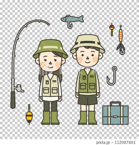 Illustrations of character wearing a fishing outfit Illustrations of character wearing a fishing outfit 112087801