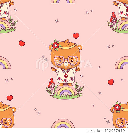 Seamless pattern with cute hippy bear girl on rainbow on pink background. Funny retro groovy kawaii animal character. Vector illustration. Seamless pattern with cute hippy bear girl on rainbow on pink background. Funny retro groovy kawaii animal character. Vector illustration. 112087939