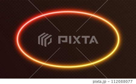 Gradient neon ellipse, red-yellow glowing border isolated on a dark background. Colorful night oval banner 112088077