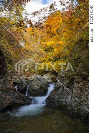 日本　青森県中津軽郡にある世界遺産、白神山地の暗門渓谷ルート沿いの暗門川と紅葉 112088140