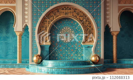 Intricate Arabic Arch Design in a Serene Space 112088313