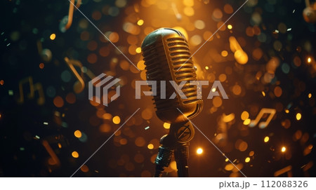 Vintage Microphone with Musical Notes Bokeh 112088326